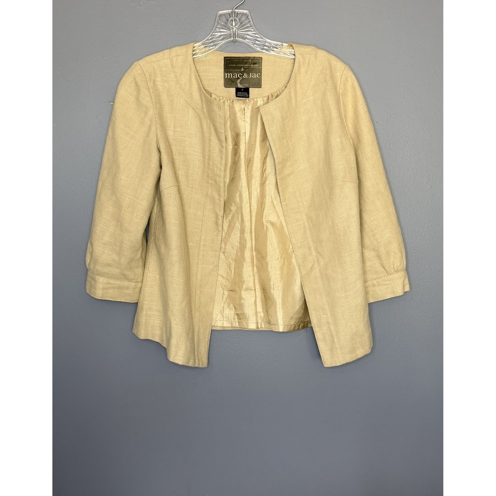 Mac & Jac Blazer Jacket Womens 2 Beige Linen Blend Collarless Open Front 3/4 Slv